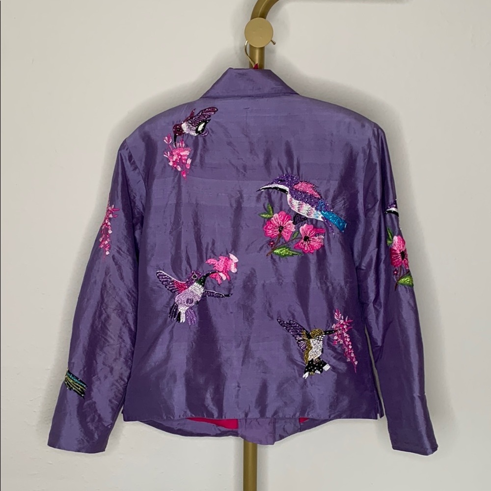 Vintage Anage Silk Purple Embroidered Hummingbird Fully Lined Bird Jacket Size M - Picture 3 of 9